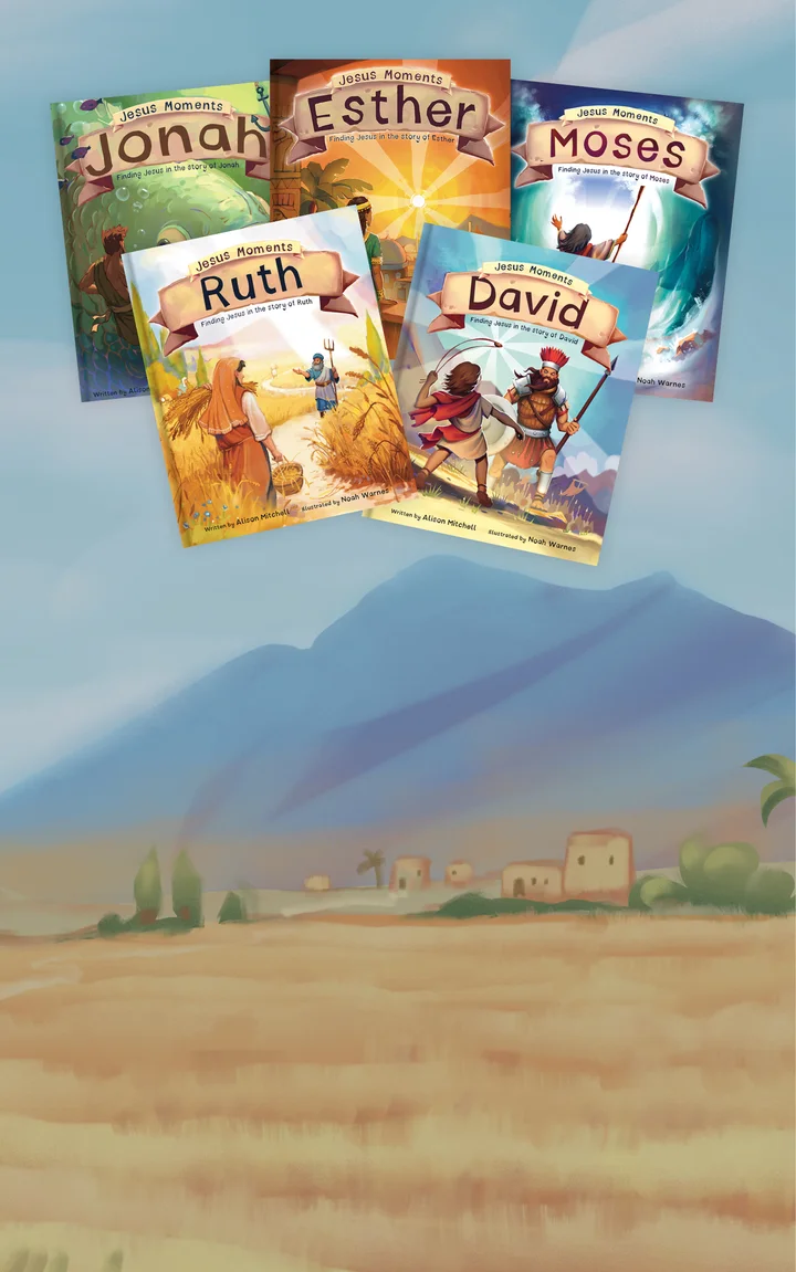 Graphic with a mountain and palm trees with books from the Jesus Moments series featured