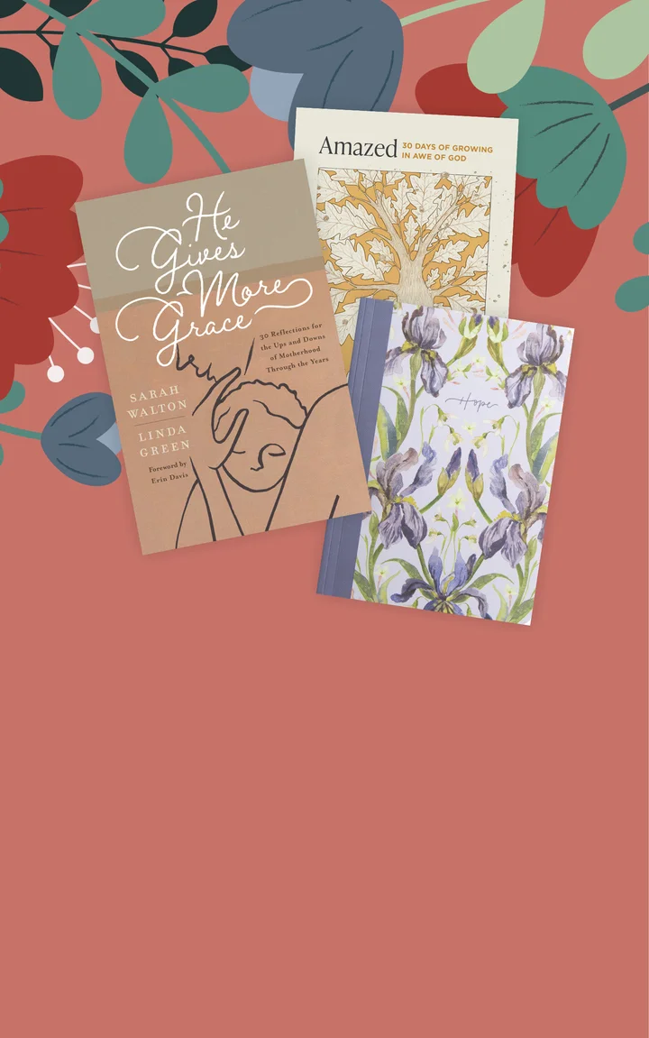 Floral graphic featuring Amazed by Carolyn Lacey, He Gives More Grace and ESV Prayer Journal: 30 Days on Hope