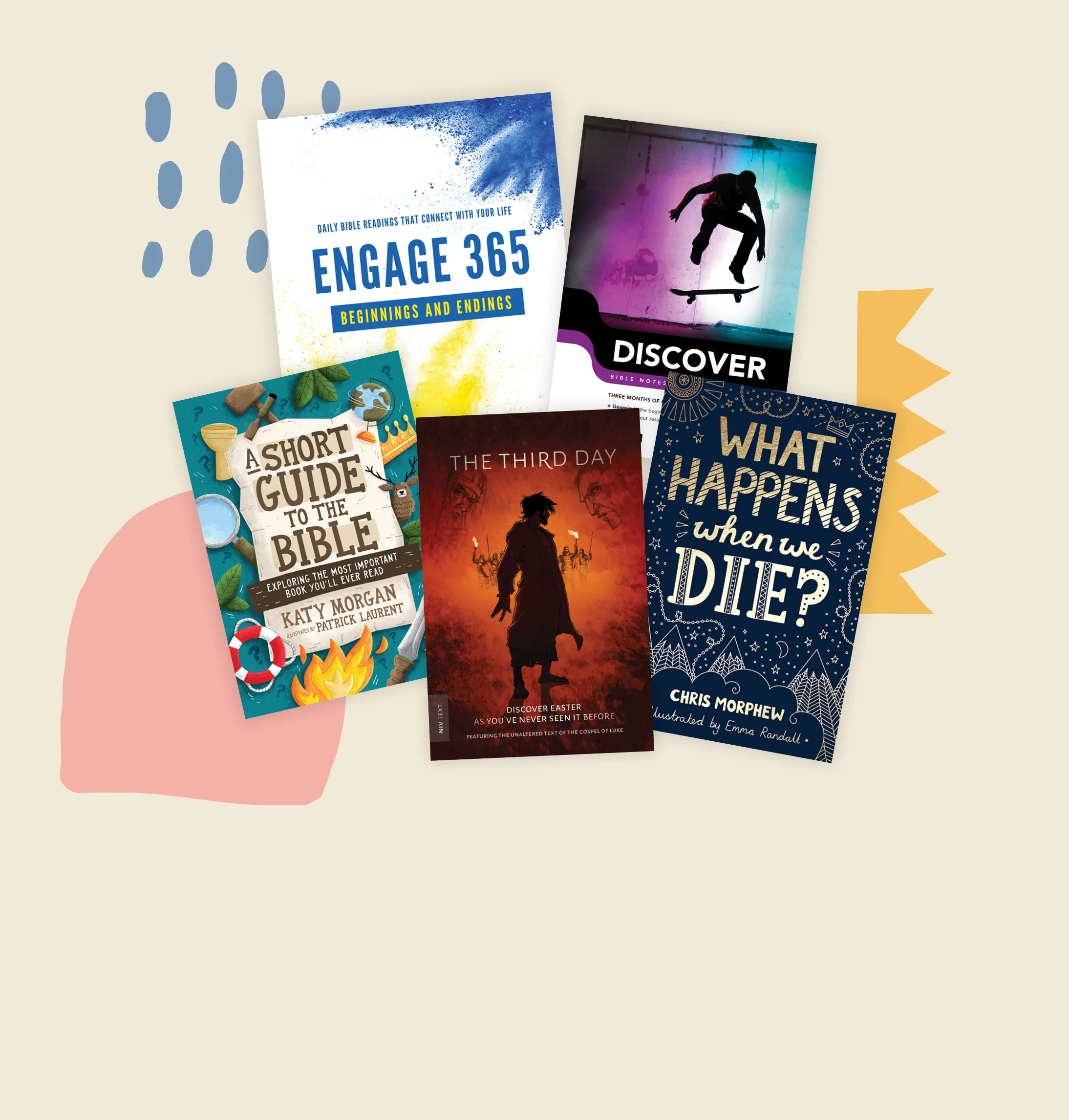 Graphic featuring a variety of titles like A Short Guide to the Bible, The Third Day and more