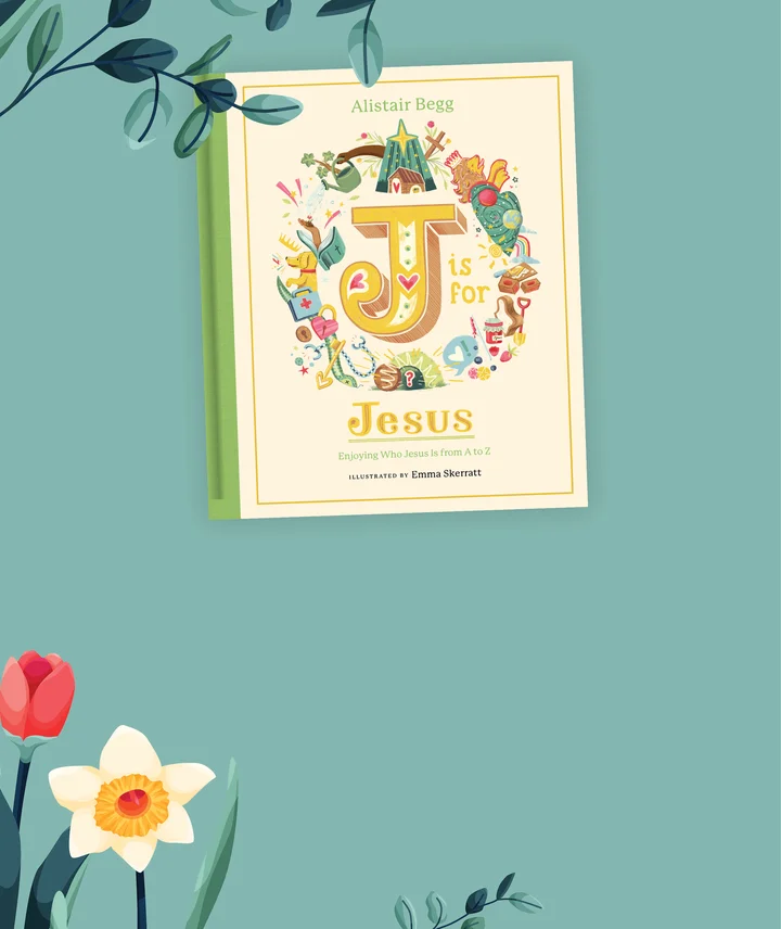 Graphic featuring J is for Jesus with floral and greenery decoration