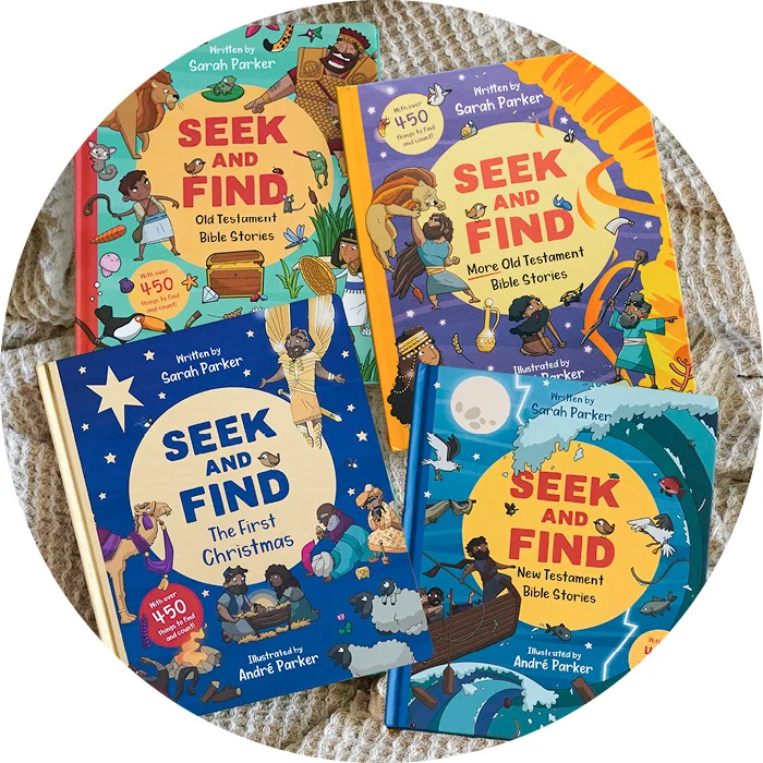 a stack of all four Seek and Find board books