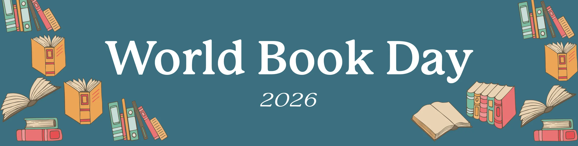 Muted colored banner with World Book Day 2026 written in a serif font with illustrated books surrounding the text