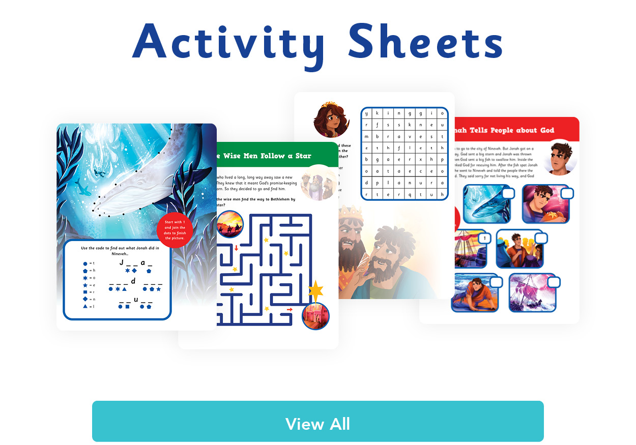 Graphic with header text that reads "Activity Sheets" with an image of four activity sheets. Underneath the image is a button that says "View All".