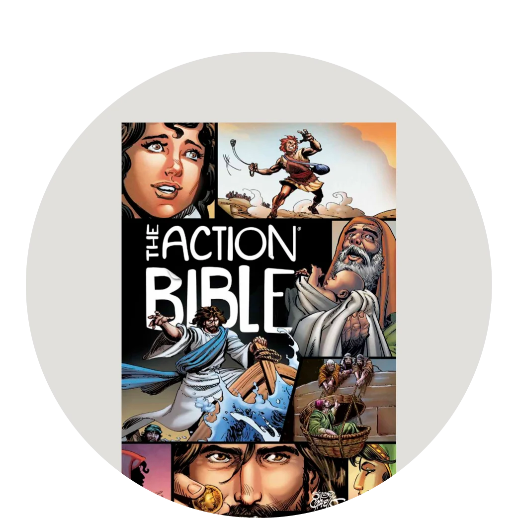 Photograph of The Kingdom and the King Storybook Bible on a ribbed knit blanket with some wooden blocks spread around it