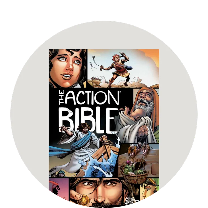 Photograph of The Kingdom and the King Storybook Bible on a ribbed knit blanket with some wooden blocks spread around it