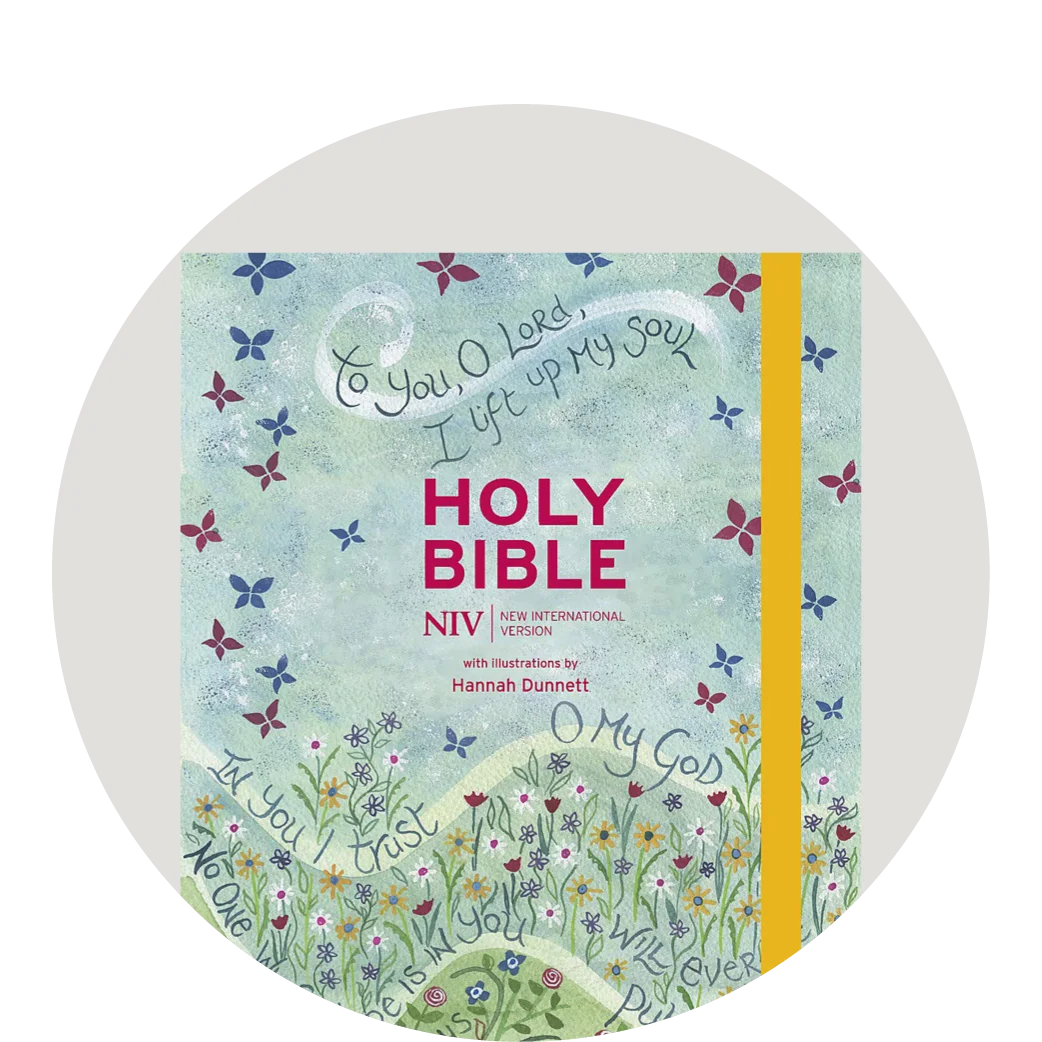 Graphic featuring a blue Bible with a scene with butterflies and a yellow elastic strap