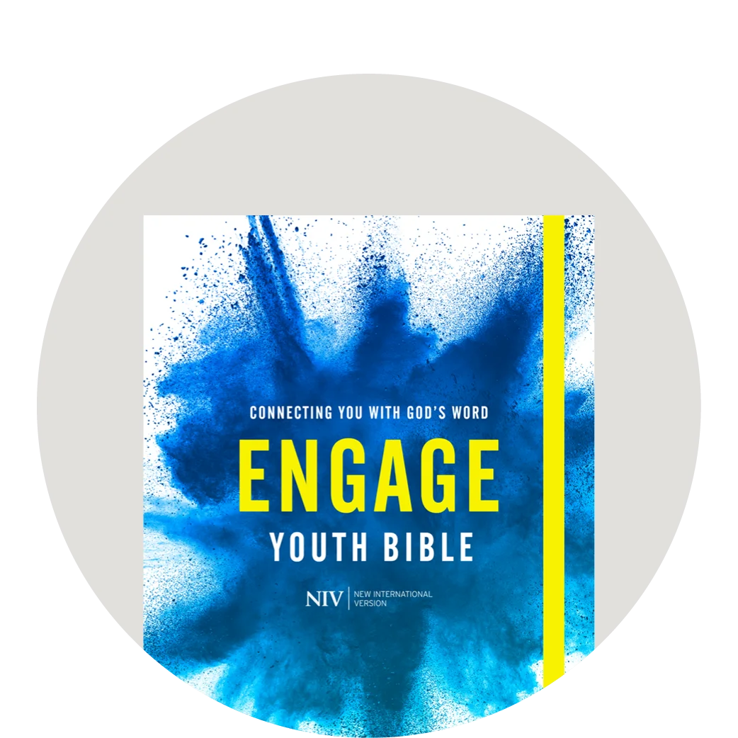 Grahphic featuring a white Bible with a blue paint spattering with a yellow band called "Engage Youth Bible"