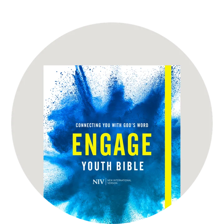 Grahphic featuring a white Bible with a blue paint spattering with a yellow band called "Engage Youth Bible"