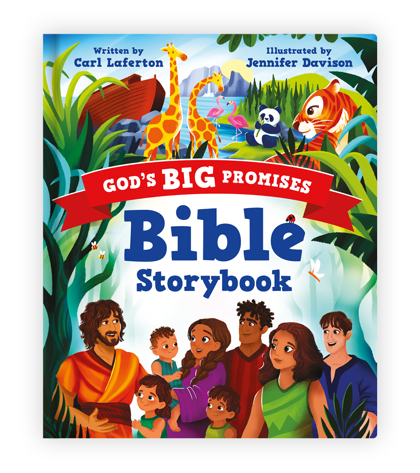 God's Big Promises Bible Storybook cover image; cover is illustrated and features an ark, giraffes panda, and tiger on the top half of the cover, with the title underneath. Underneath the title is an illustration of Jesus speaking to a group of people.