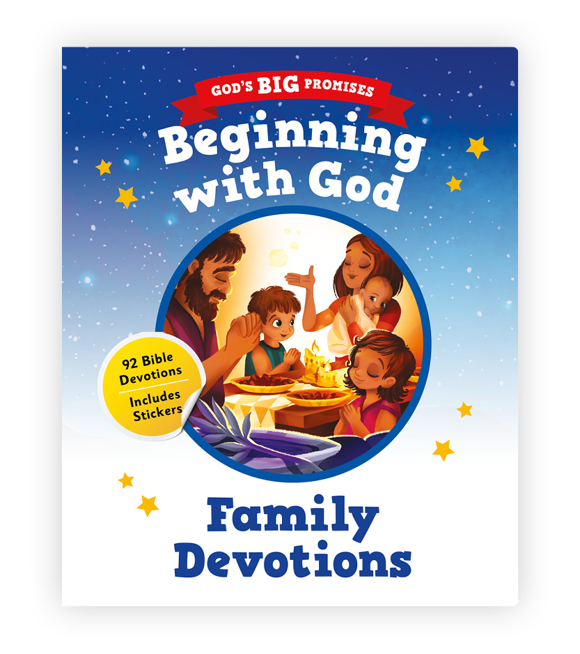 God's Big Promises Beginning with God Family Devotions. Photograph of a family worshipping God together. 92 Bible Devotions. Includes Stickers.
