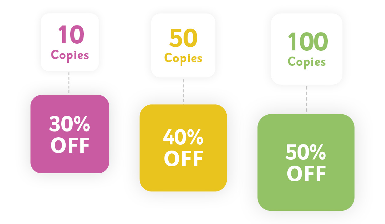 Graphic that shows that if you purchase 10 copies of any God's Big Promises product, you will receive 30% off the retail price. When you buy 50 copies, you will receive 40% off. When you buy 100 copies, you will receive 50% off.