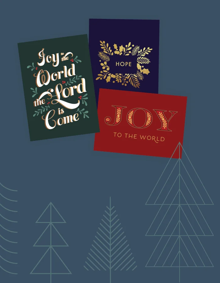 image of 3 different christmas cards, once that says "Joy", another says "Hope", and another that says "Joy to the World, the Lord is come". They are in different styles and different colors.