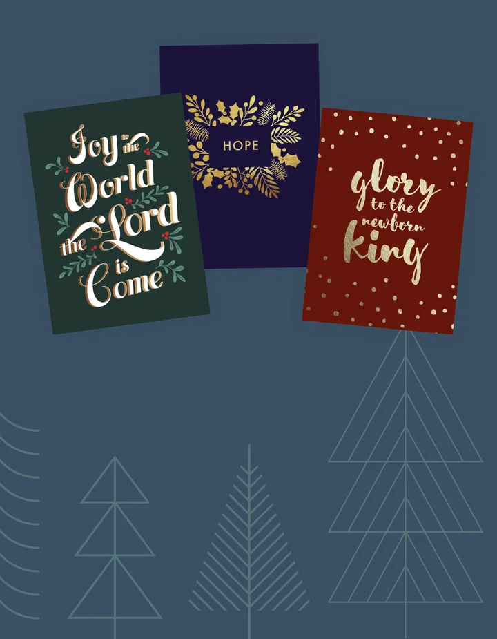 image of 3 different christmas cards, once that says "Joy", another says "Hope", and another that says "Joy to the World, the Lord is come". They are in different styles and different colors.