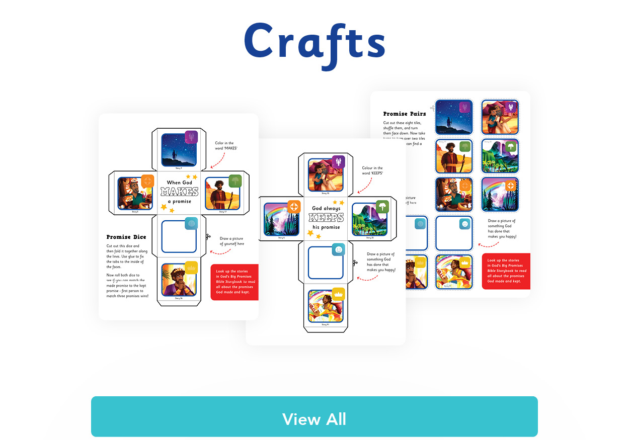 Graphic with header text that reads "Crafts" with an image of three craft sheets. Underneath the image is a button that says "View All".
