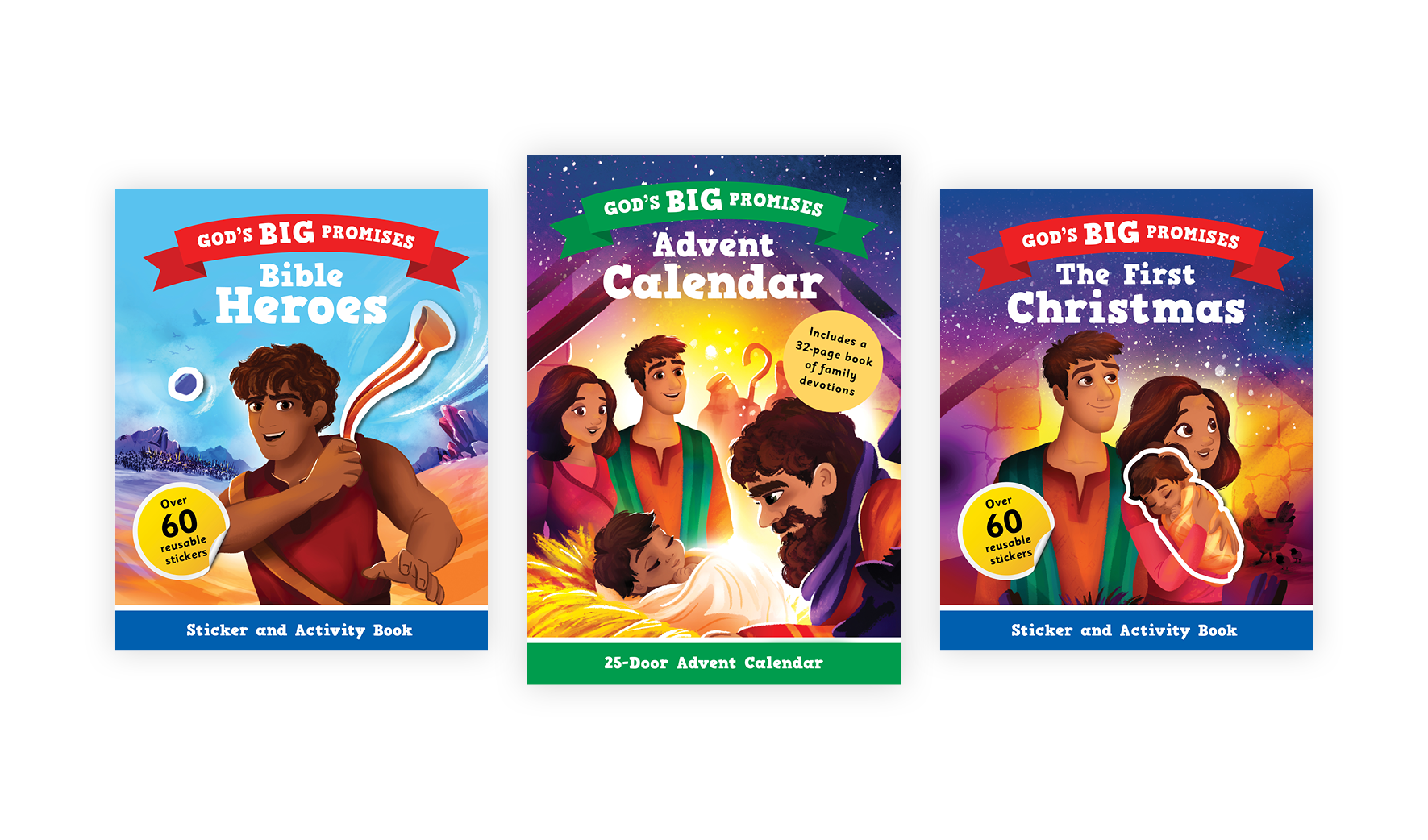 Graphic with the cover images for God's Big Promises Bible Heroes Sticker and Activity Book, God's Big Promises Advent Calendar, and God's Big Promises The First Christmas Sticker and Activity Book.
