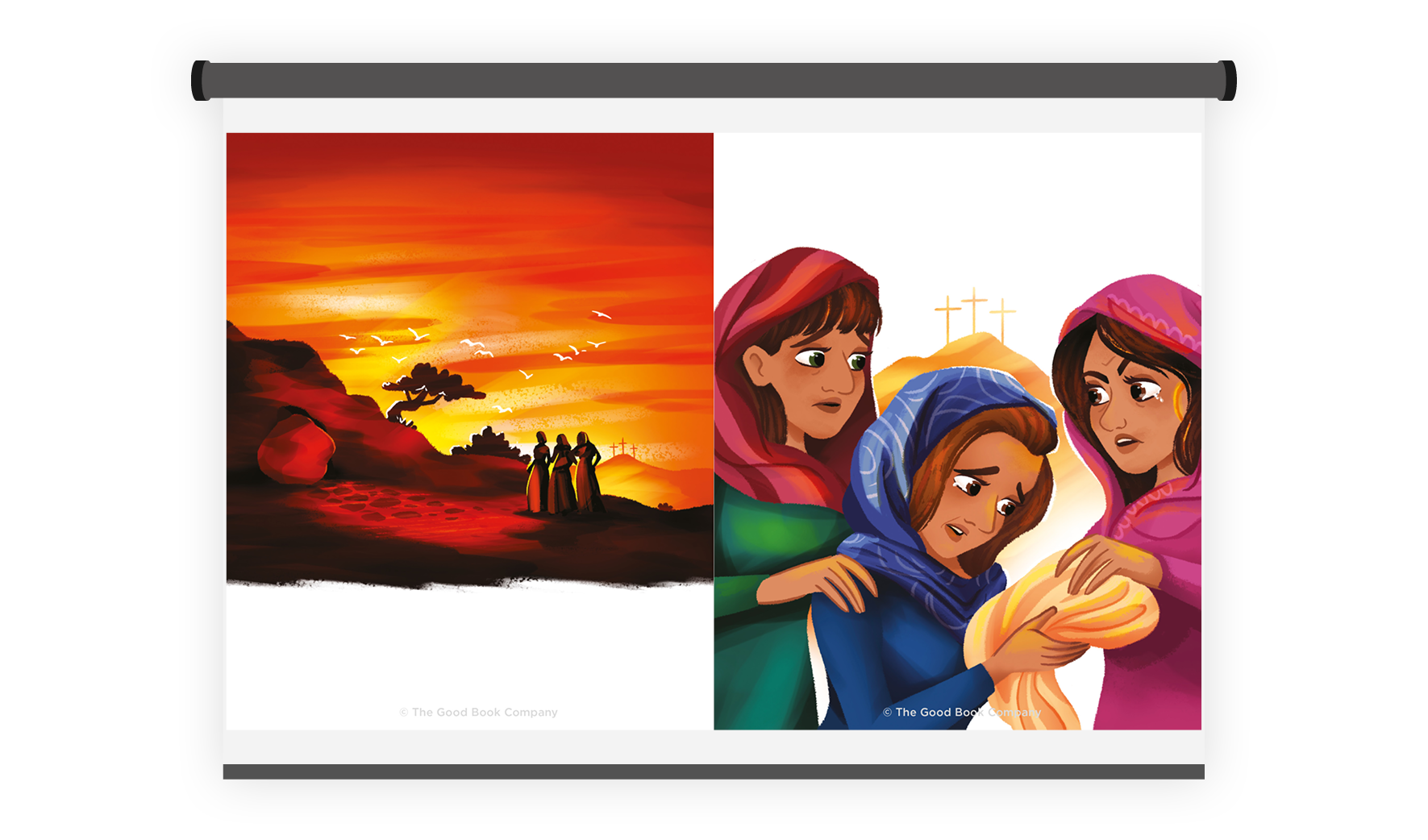 Graphic showing the illustrations from the Bible Storybook being displayed on a projector screen.