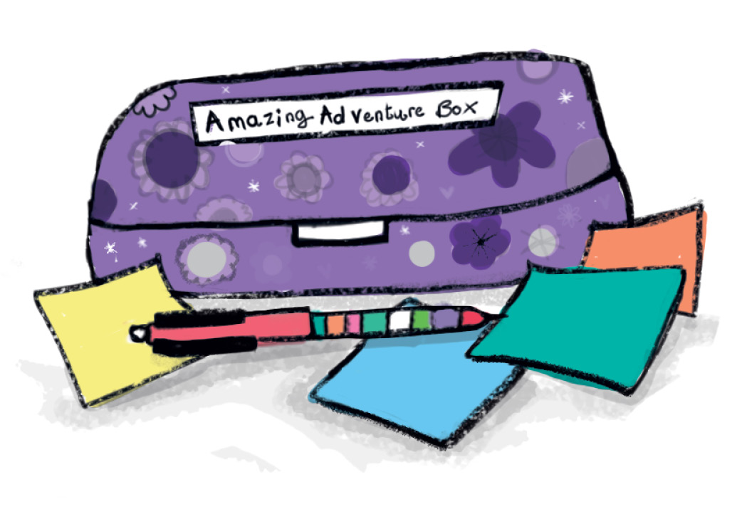 A purple pencil case labeled "Amazing Adventure Box" with a multi-pen and sticky notes surrounding it.