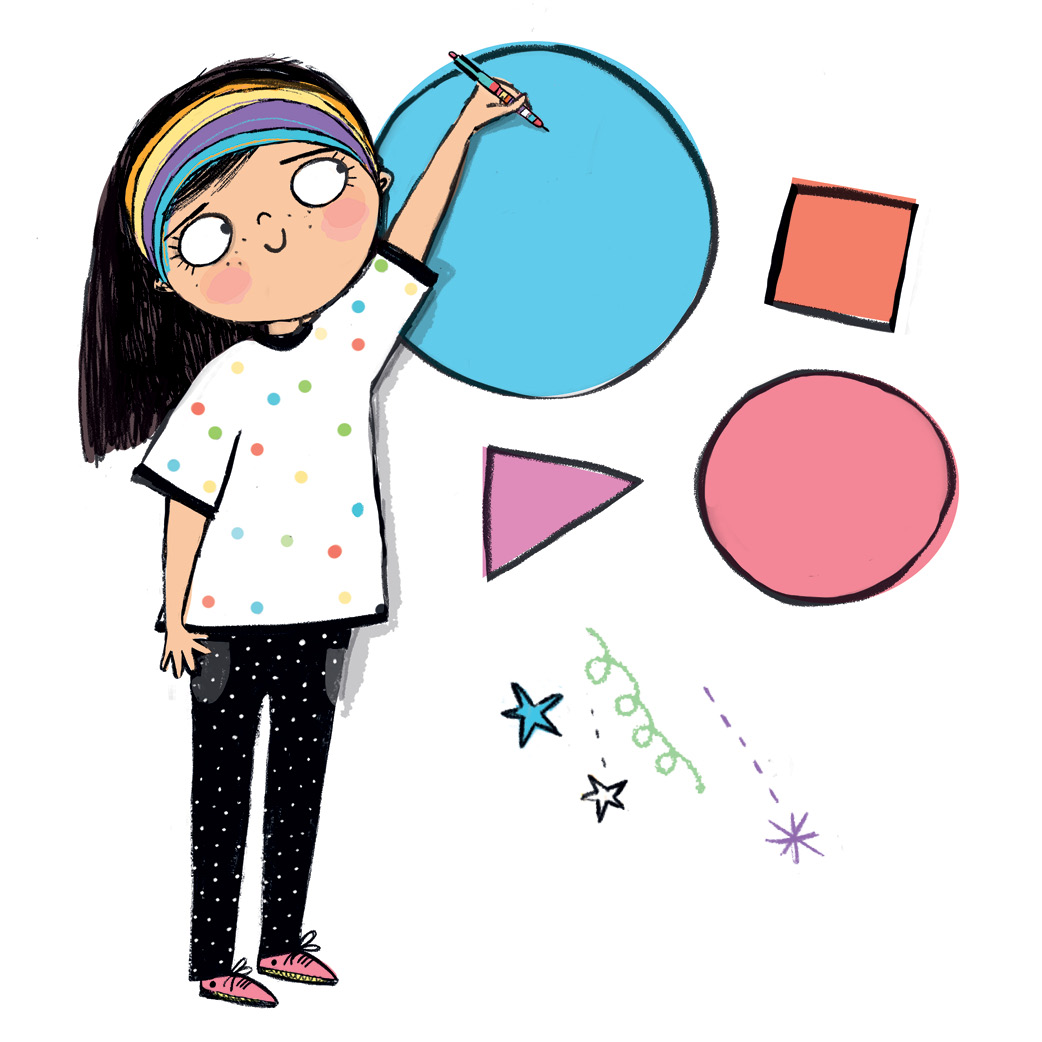 An illustration of Abigail standing and drawing shapes on an invisible wall. The shapes are large, and there are two circles, a triangle, and a square. There are also some small doodles of stars and swirls.