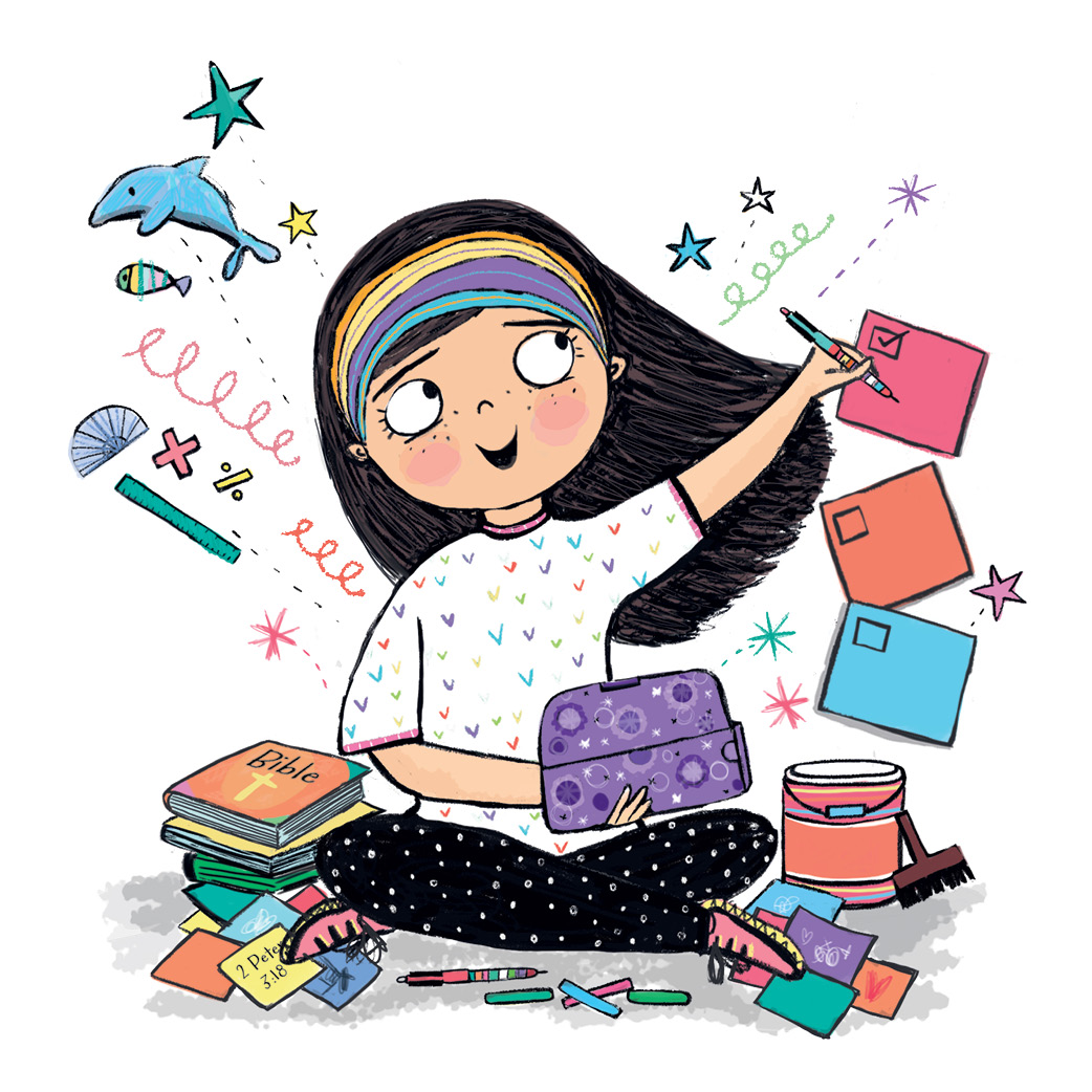 Illustration of Abigail seated cross-legged. She has long, dark hair and a striped, colorful headband. She is wearing a shirt with small stars on it, pants with small polka dots on them, and simple shoes. She is doodling on multi-colored sticky notes that look as though suspended on an invisible wall with a pen. In her other hand, she holds a patterned pencil case. She is surrounded with other sticky notes, books including a Bible, and a paint can. She has a joyful expression, though also seems focused. She's surrounded by doodles of swirls, math signs, a dolphin, and stars.