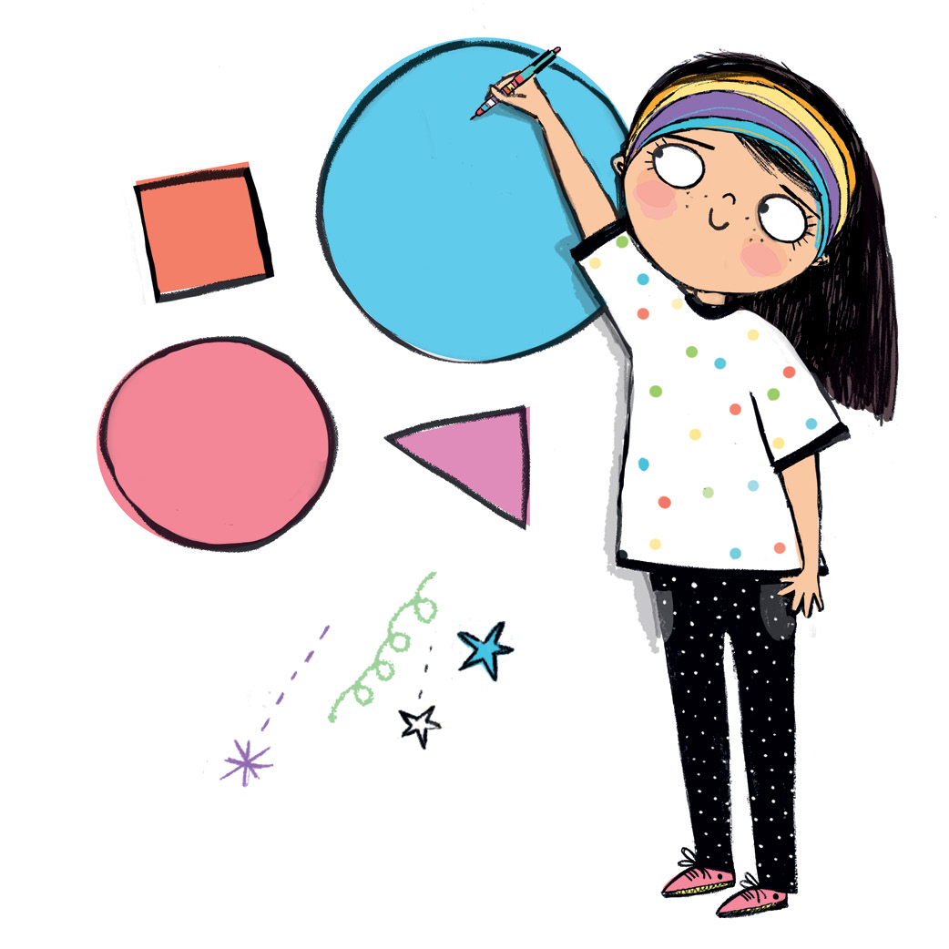 An illustration of Abigail standing and doodling large shapes on an invisible wall. She wears a multicolored headband, a t-shirt with small hearts, and pants with small polka dots. There are two circles, a triangle, and a square. There are also small spirals and stars closer to the bottom of the image.