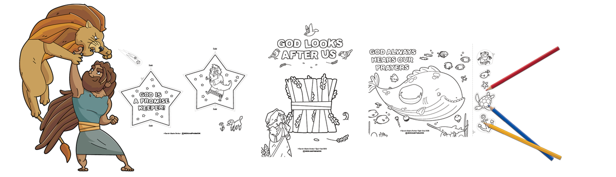 illustration of Samson defeating a lion; images of different coloring pages