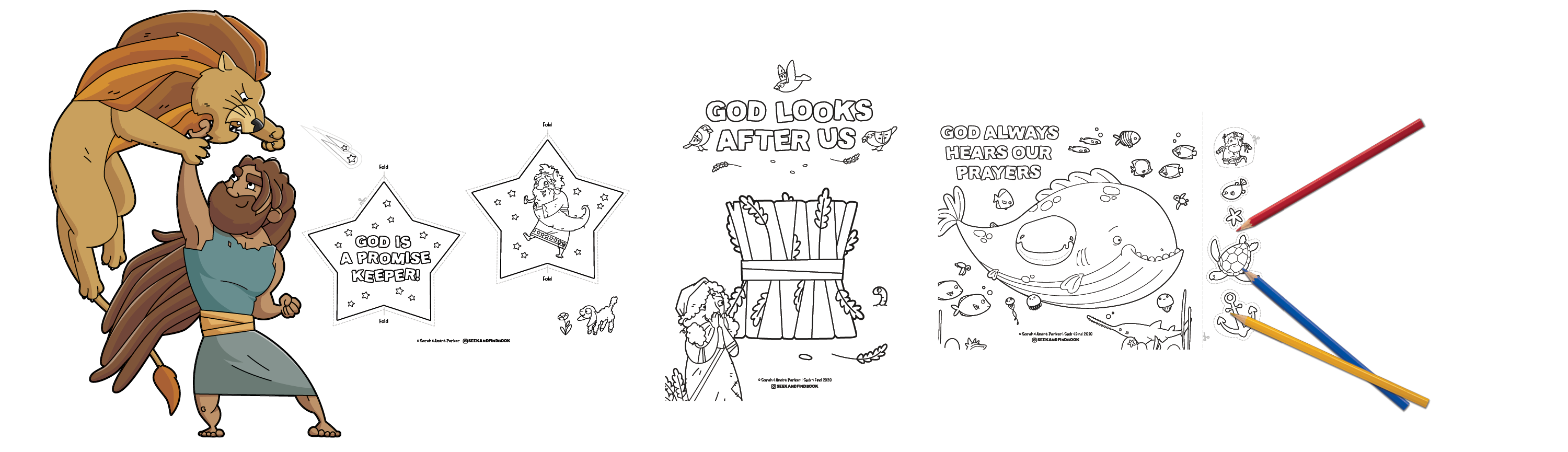 illustration of Samson defeating a lion; images of different coloring pages