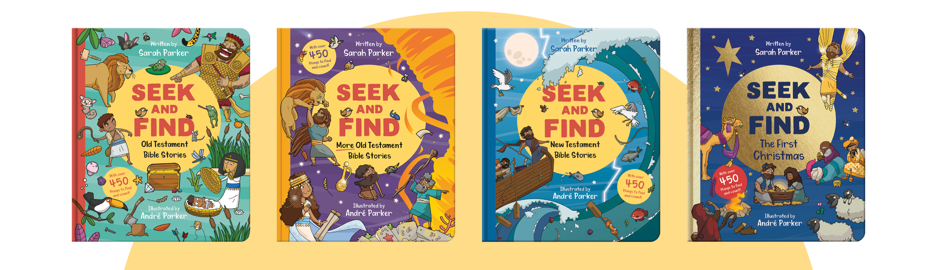 Image of each of the four board books in the series; Seek and Find: Old Testament; Seek and Find: More Old Testament Stories; Seek and Find: New Testament; Seek and Find: The First Christmas