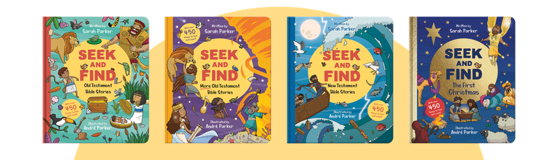 Image of each of the four board books in the series; Seek and Find: Old Testament; Seek and Find: More Old Testament Stories; Seek and Find: New Testament; Seek and Find: The First Christmas