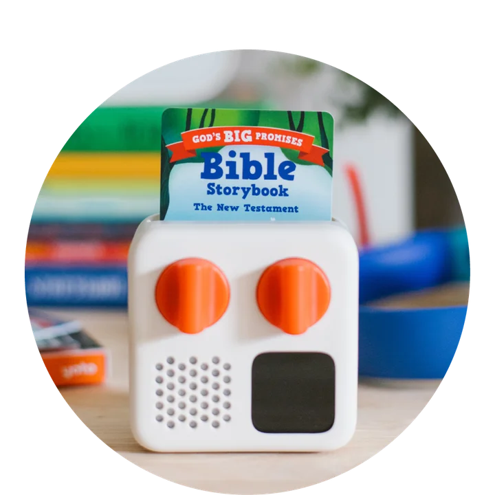 photograph of a Yoto Mini Player with a God's Big Promises Bible Storybook The New Testament Yoto card inserted