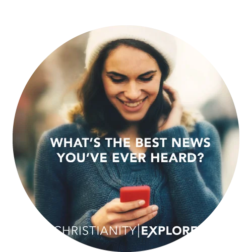 Photograph of a woman wearing a hat looking down at her phone with the copy "What's the Best News You've Ever Heard?"