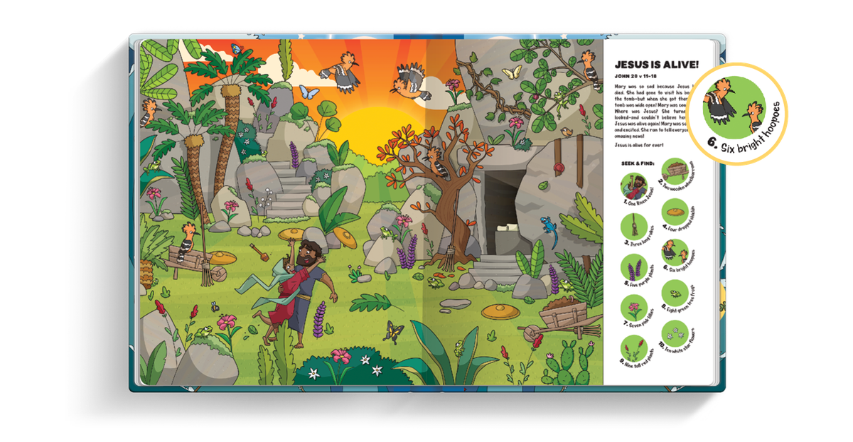 Image the inside of Seek and Find: New Testament Bible Stories featuring an illustration of Mary finding Jesus at the tomb