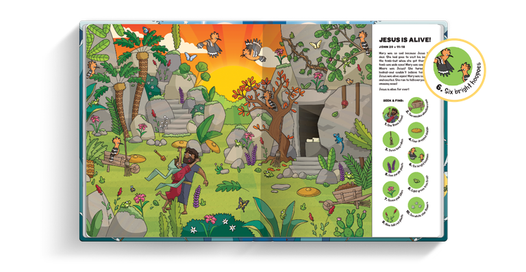 Image the inside of Seek and Find: New Testament Bible Stories featuring an illustration of Mary finding Jesus at the tomb