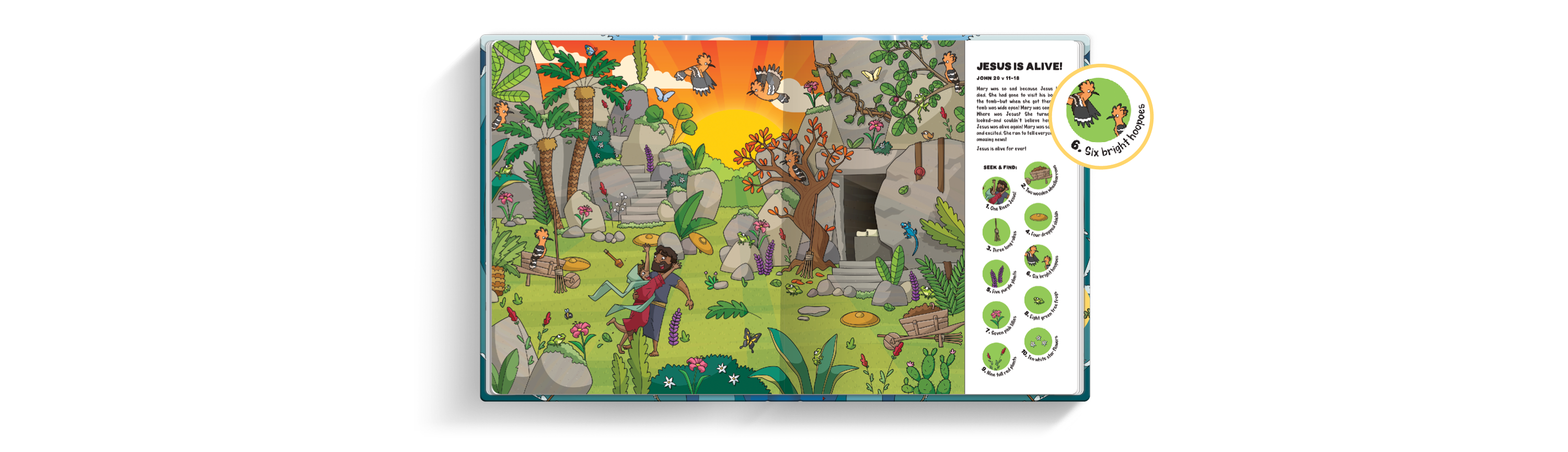 Image the inside of Seek and Find: New Testament Bible Stories featuring an illustration of Mary finding Jesus at the tomb