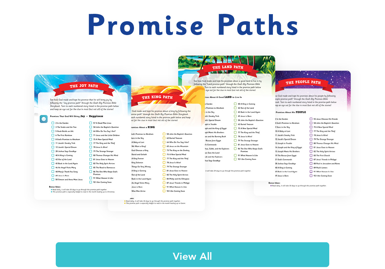 Graphic with header text that reads "Promise Paths" with an image of four promise path sheets. Underneath the image is a button that says "View All".