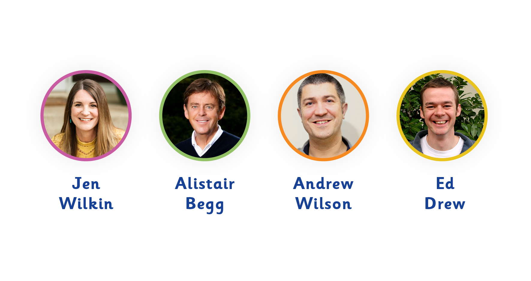 Headshot photos of authors who recommend God's Big Promises: Jen Wlikin, Alistair Begg, Andrew Wilson, and Ed Drew.