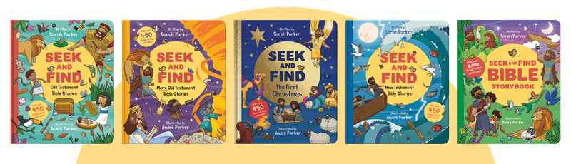 Image of each of the four board books in the series; Seek and Find: Old Testament; Seek and Find: More Old Testament Stories; Seek and Find: New Testament; Seek and Find: The First Christmas