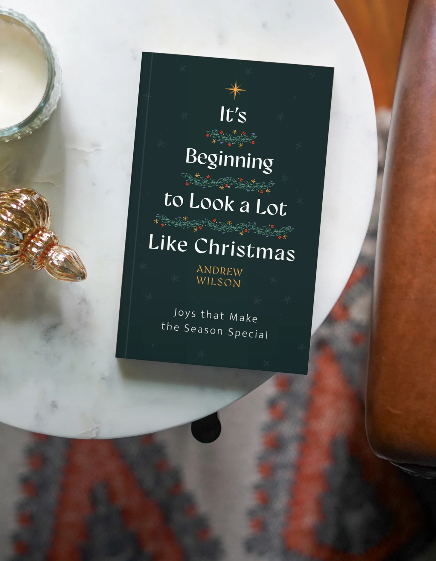 Photograph showing It's Beginning to Look a Lot Like Christmas on a marble table
