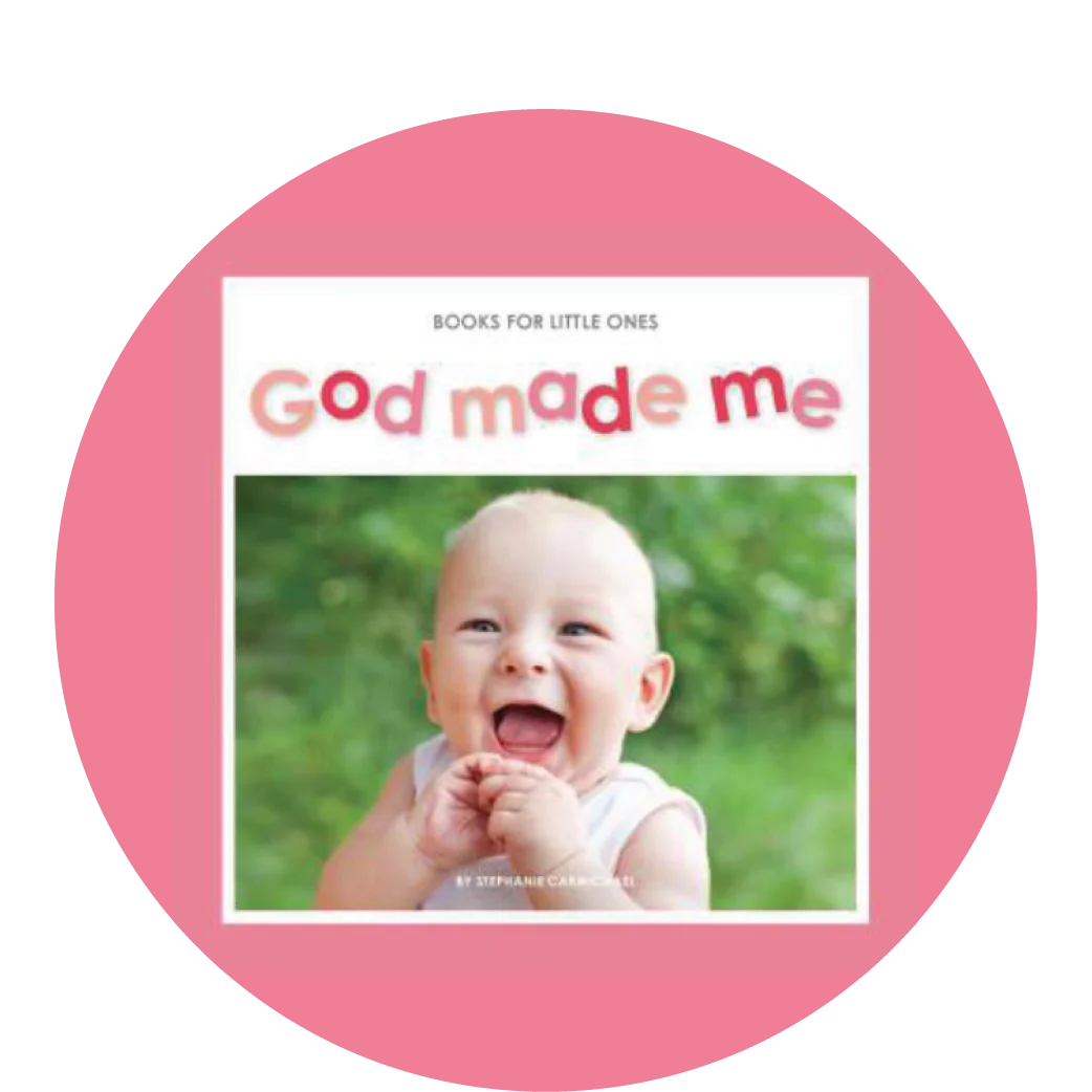 graphic featuring a book with a picture of a baby on the cover titled God Made Me