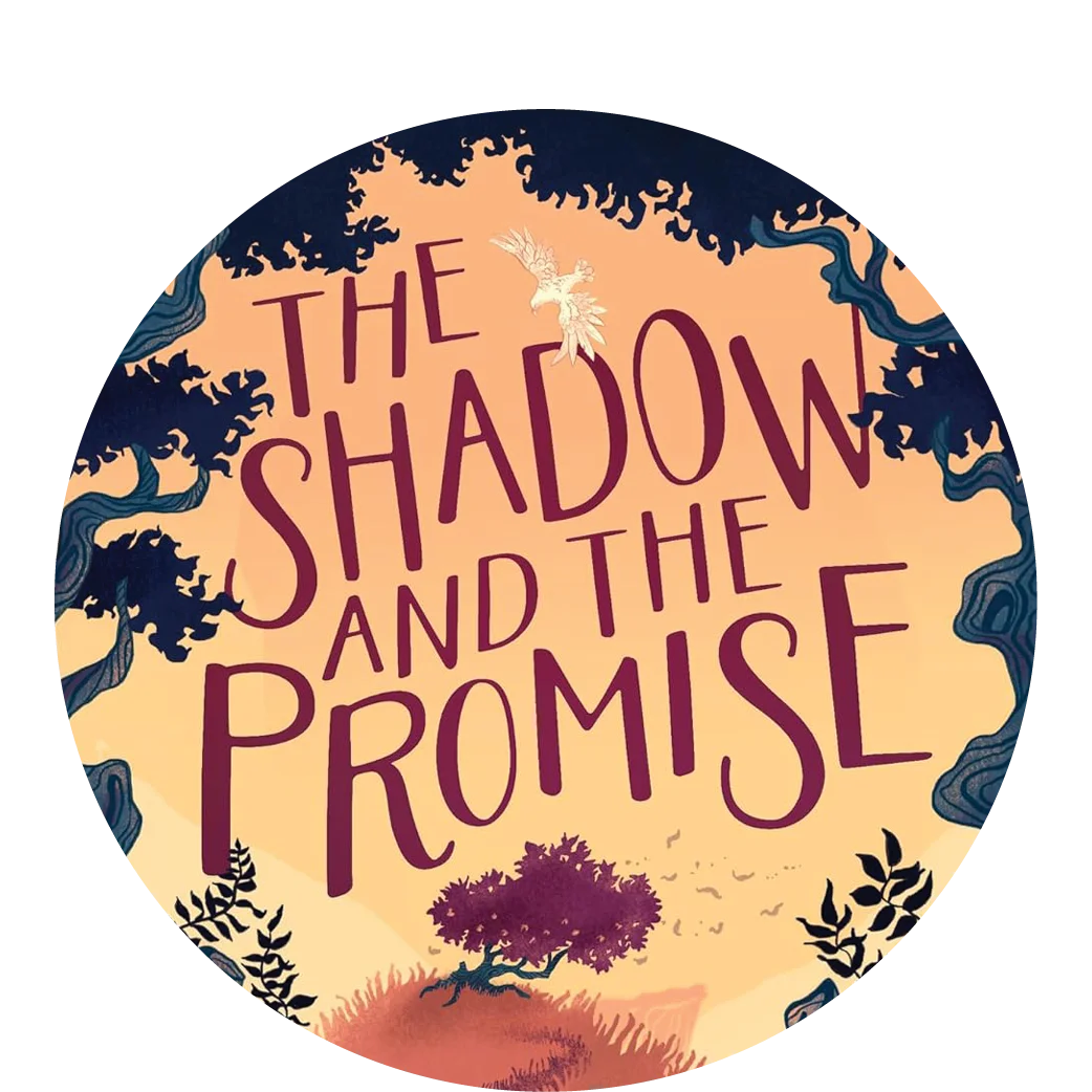 graphic featuring illustrated art from the cover of The Shadow and the Promise