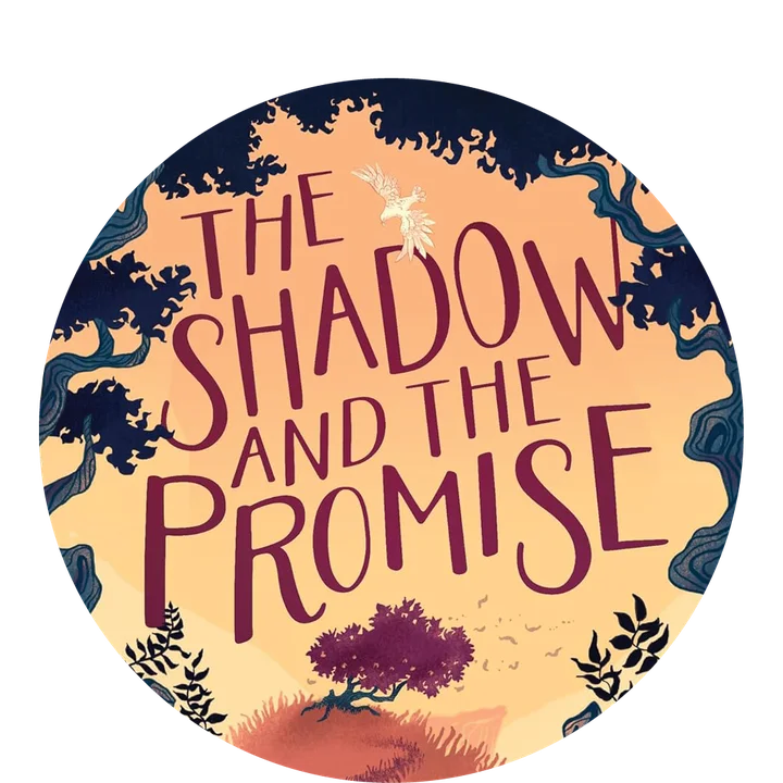 graphic featuring illustrated art from the cover of The Shadow and the Promise
