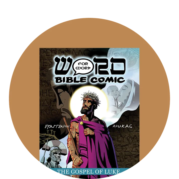 graphic featuring Word For Word Bible Comic The Gospel of Luke with an illustration of Jesus on the cover