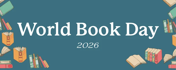 Muted colored banner with World Book Day 2026 written in a serif font with illustrated books surrounding the text