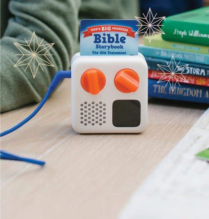 Photograph of a yoto mini player with God's Big Promises Bible Storybook Old Testament card in the player